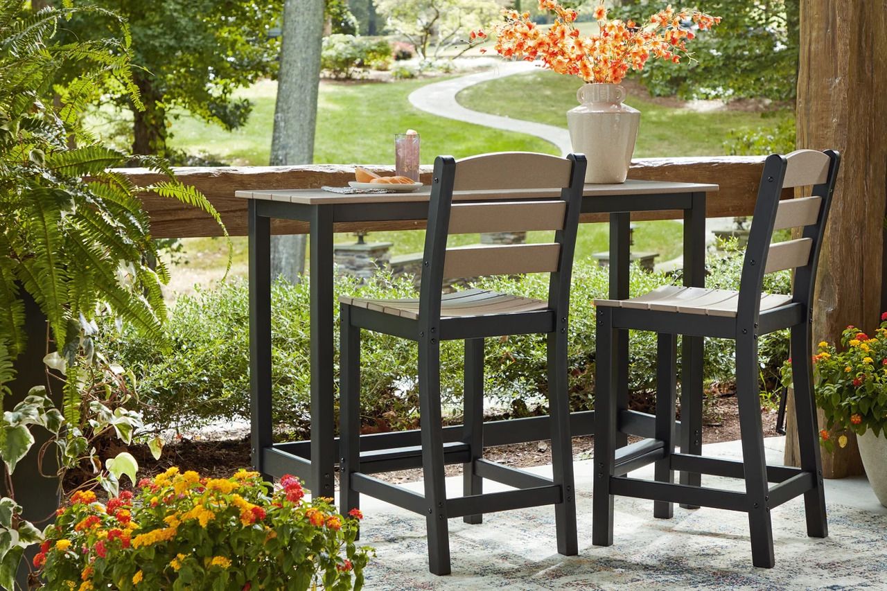 Moondance Outdoor Counter Table and 2 Barstools In Black and Beige P221113
