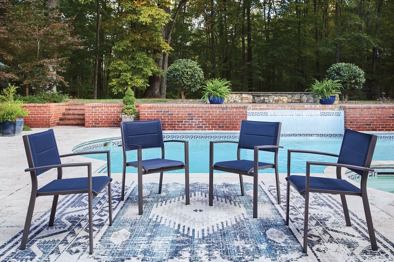Point Bonita Outdoor Sling Arm Chair Set of 4 In Gray and Blue P326601A