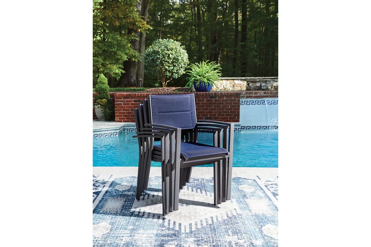 Point Bonita Outdoor Sling Arm Chair Set of 4 In Gray and Blue P326601A