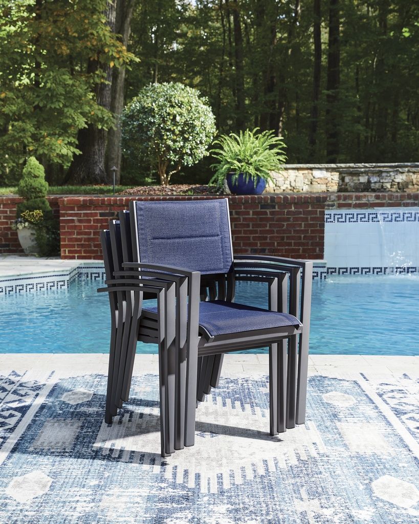 Point Bonita Outdoor Sling Arm Chair Set of 4 In Gray and Blue P326601A