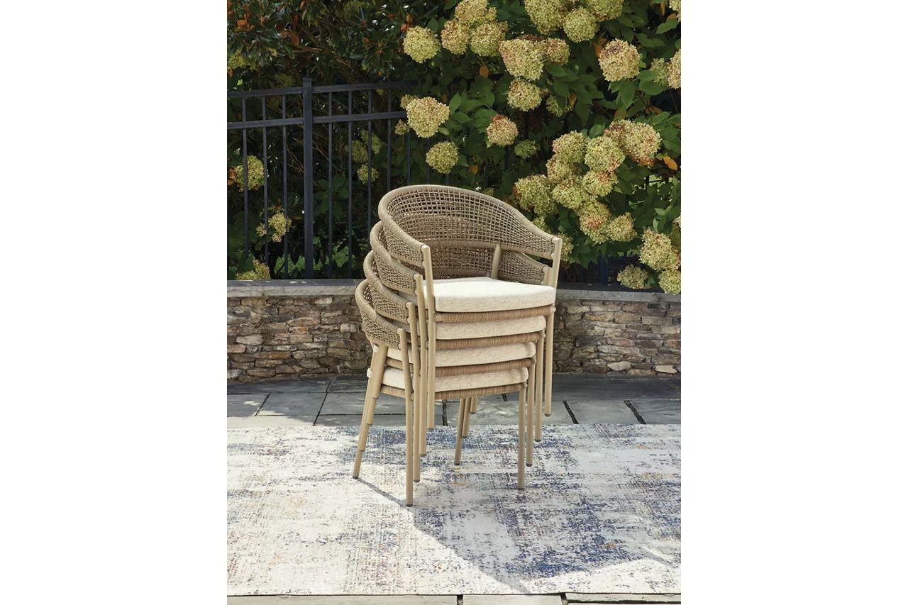 Ocean Park Outdoor Arm Chair with Cushion Set of 4 In Beige P373601A