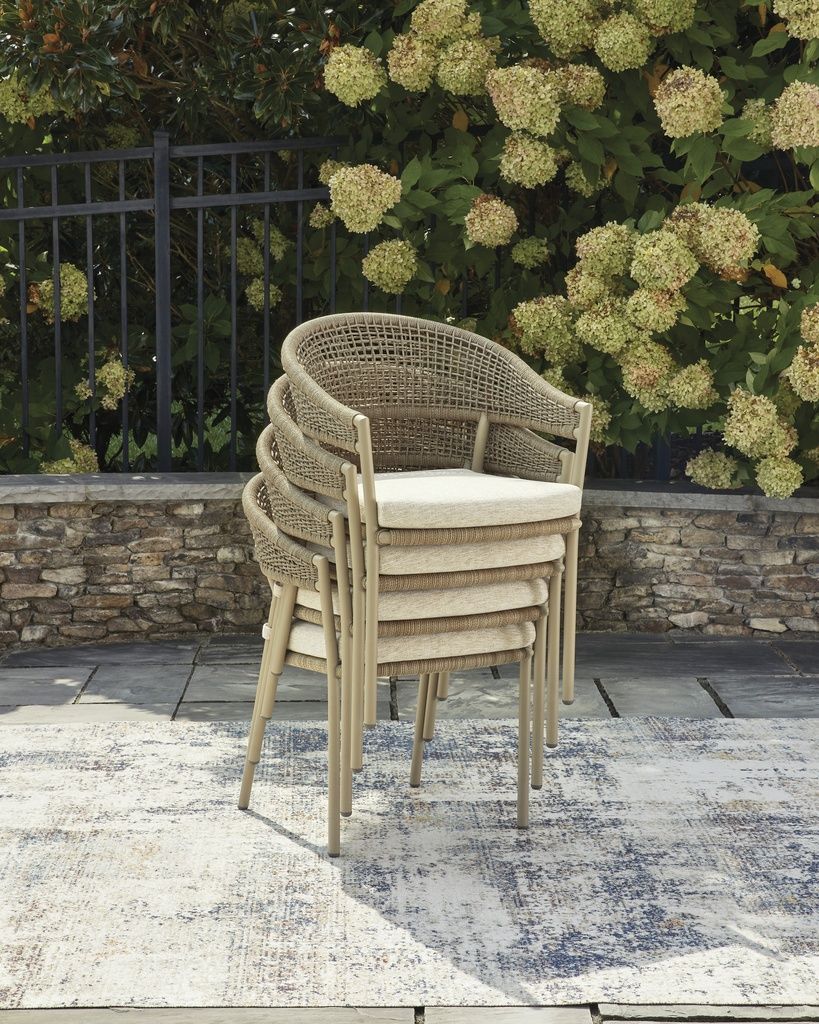 Ocean Park Outdoor Arm Chair with Cushion Set of 4 In Beige P373601A