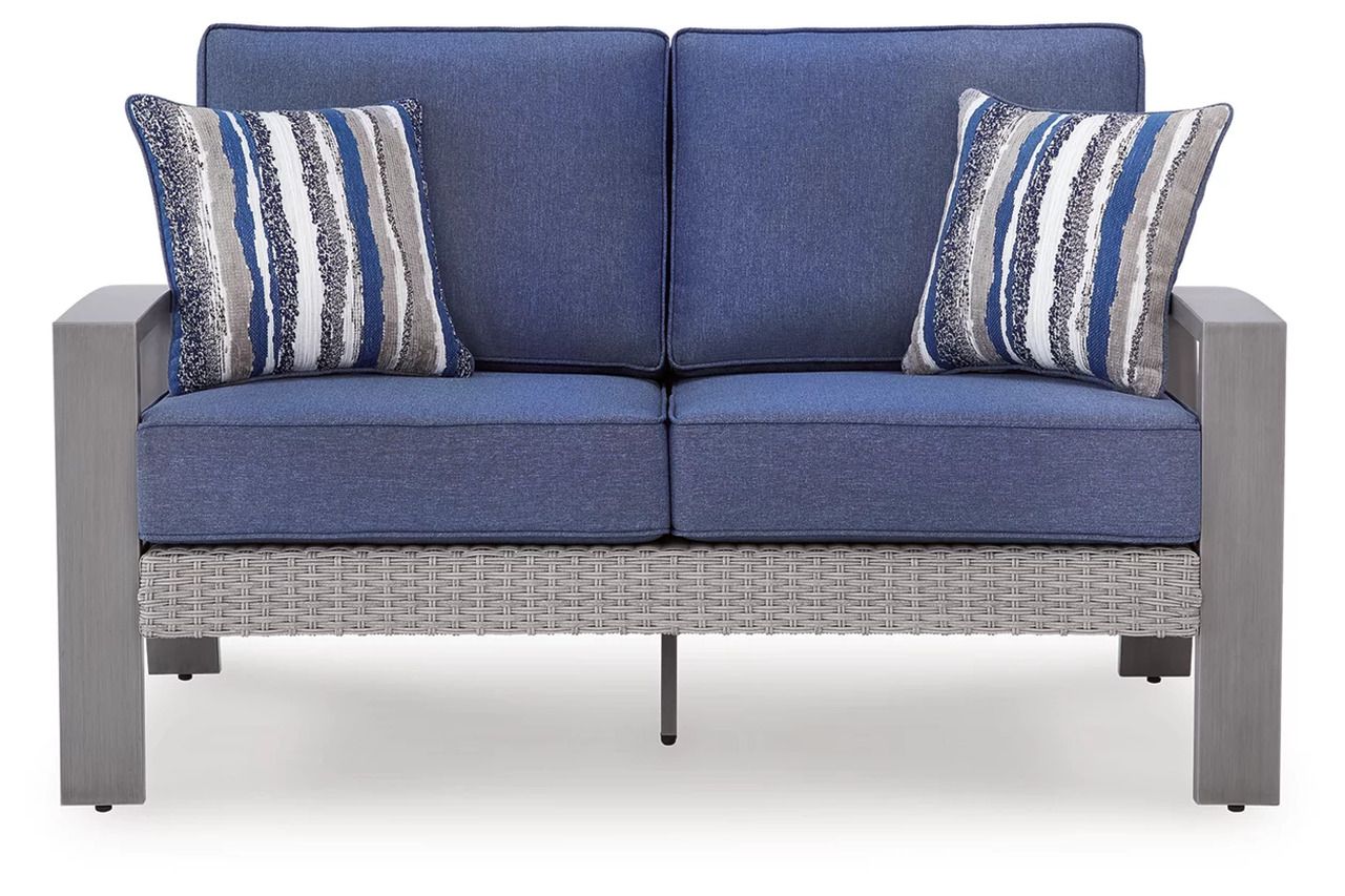 Dillon Beach Outdoor Loveseat with Cushion In Gray and Blue P418835
