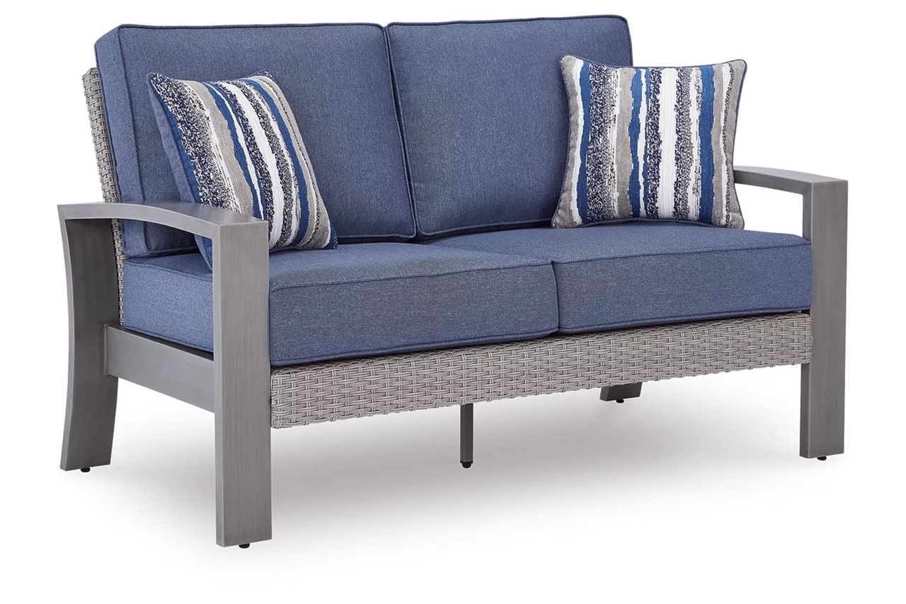 Dillon Beach Outdoor Loveseat with Cushion In Gray and Blue P418835