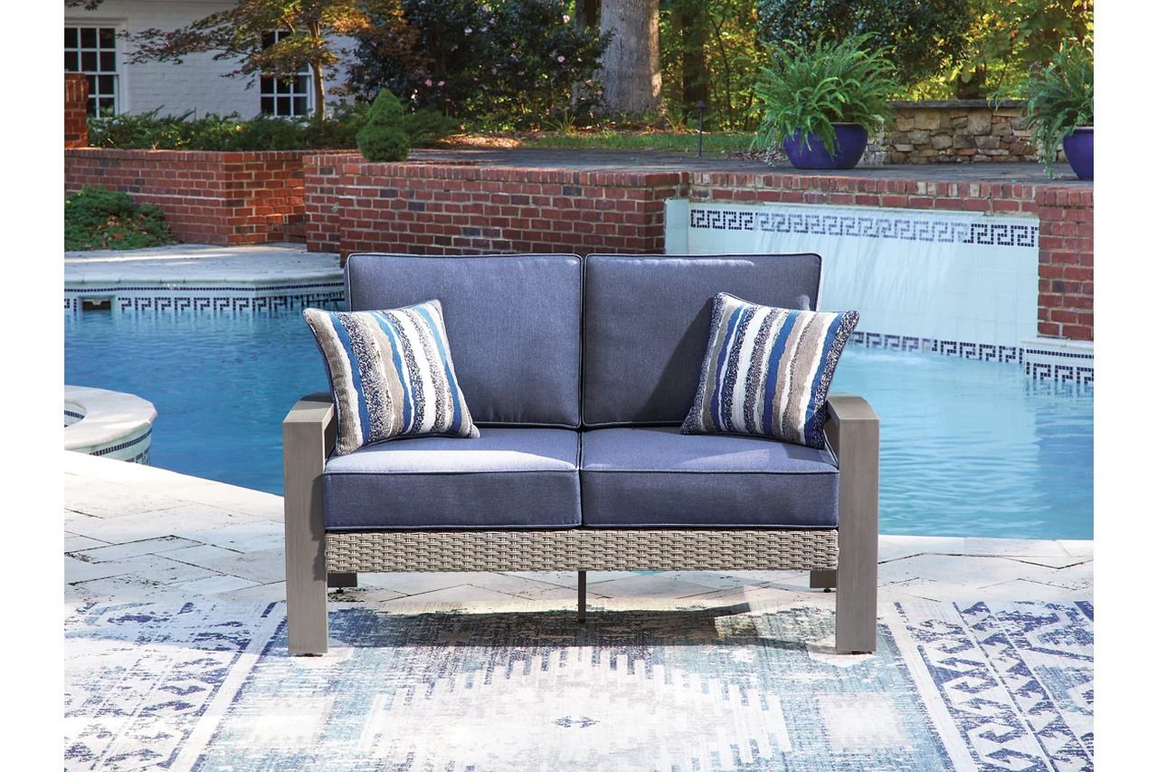 Dillon Beach Outdoor Loveseat with Cushion In Gray and Blue P418835
