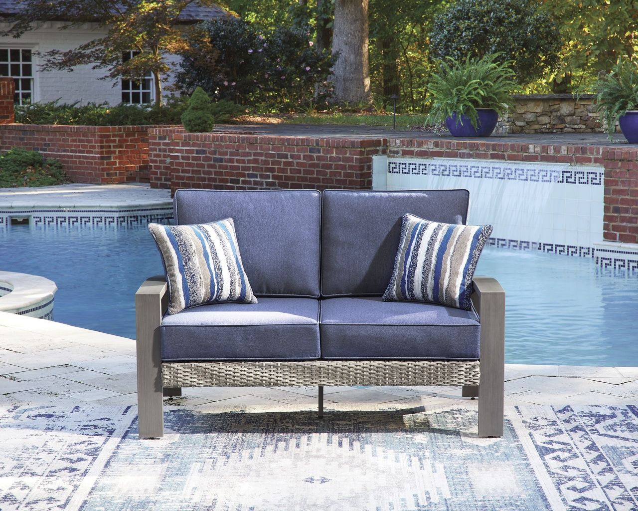 Dillon Beach Outdoor Loveseat with Cushion In Gray and Blue P418835