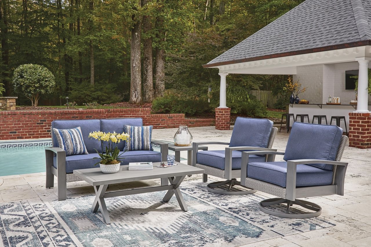 Dillon Beach Outdoor Loveseat with Cushion In Gray and Blue P418835