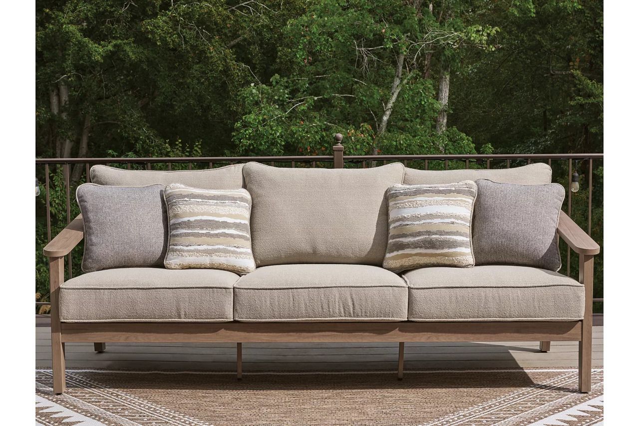 Francis Beach Outdoor Sofa with Cushion In Natural and Gray P428838