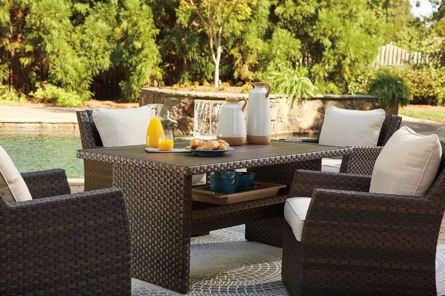 Easy Isle Dark Brown And Beige Outdoor Rectangular Dining Table P455625