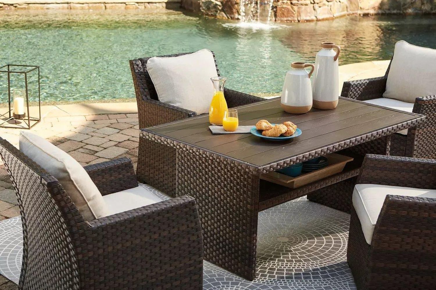Easy Isle Dark Brown And Beige Outdoor Rectangular Dining Table P455625