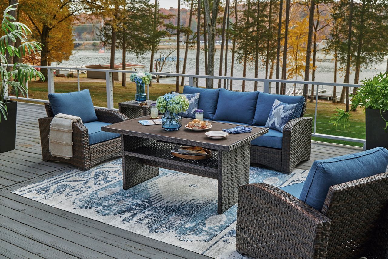 Easy Isle Dark Brown And Beige Outdoor Rectangular Dining Table P455625