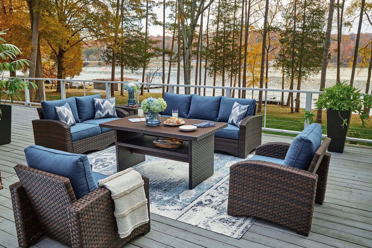 Easy Isle Dark Brown And Beige Outdoor Rectangular Dining Table P455625