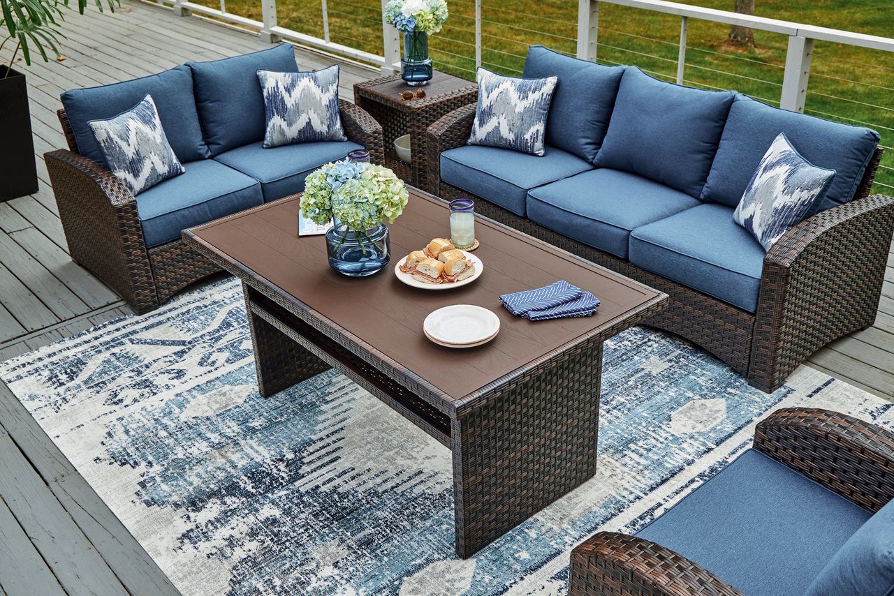 Easy Isle Dark Brown And Beige Outdoor Rectangular Dining Table P455625