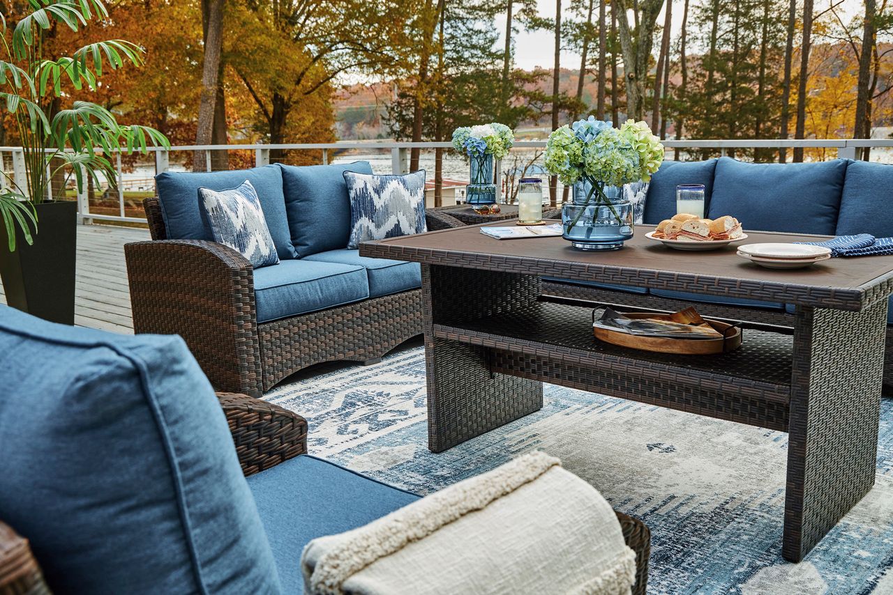 Easy Isle Dark Brown And Beige Outdoor Rectangular Dining Table P455625