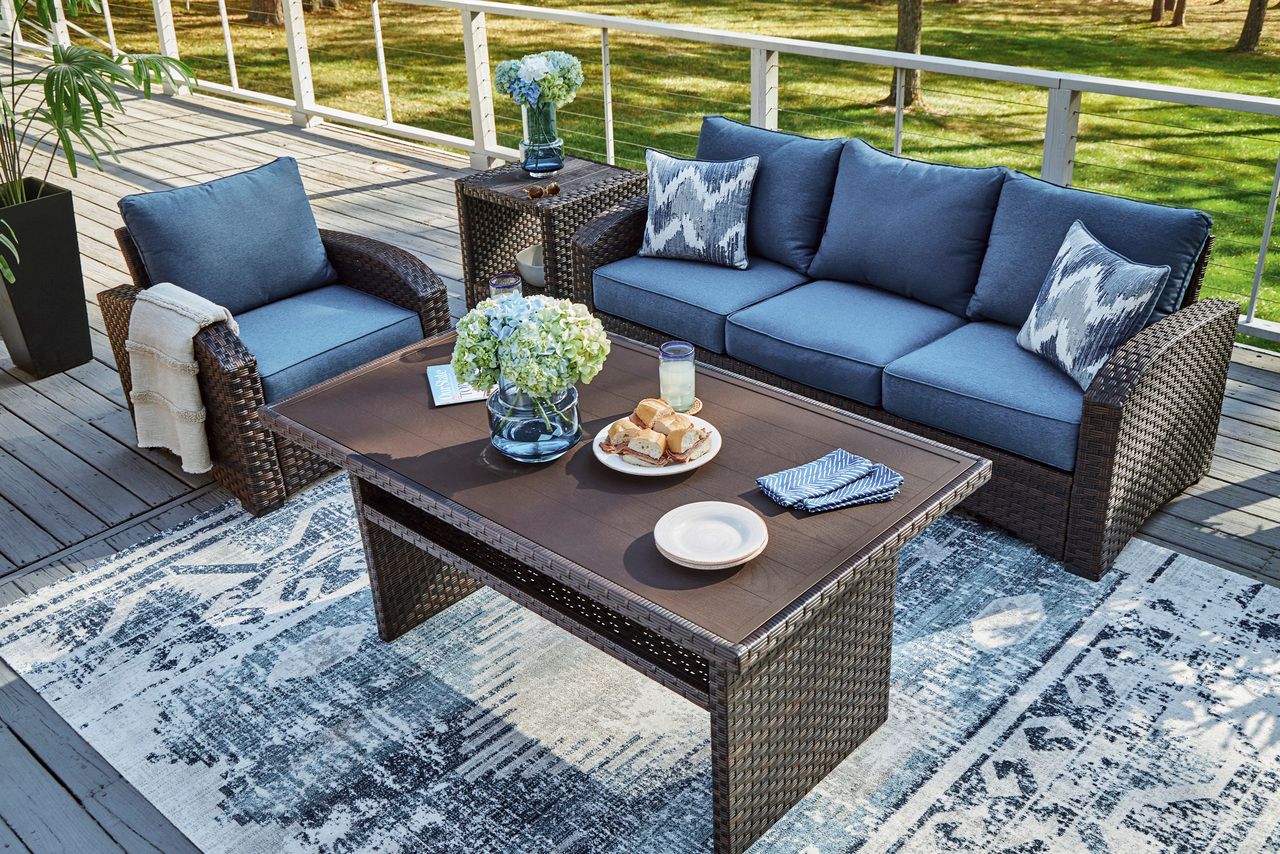 Easy Isle Dark Brown And Beige Outdoor Rectangular Dining Table P455625