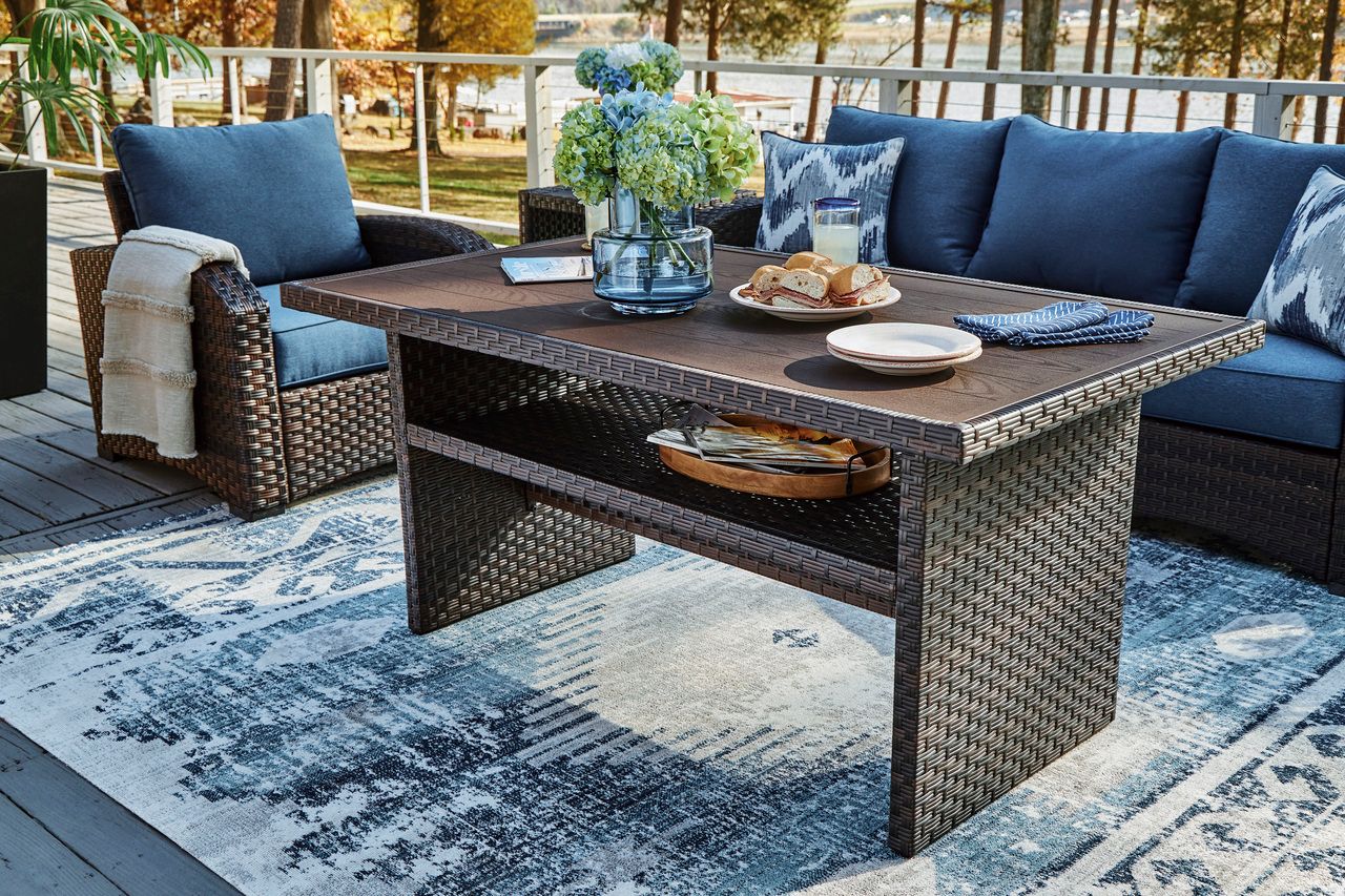 Easy Isle Dark Brown And Beige Outdoor Rectangular Dining Table P455625