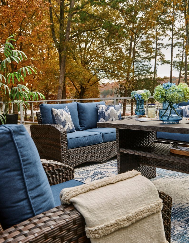 Easy Isle Dark Brown And Beige Outdoor Rectangular Dining Table P455625