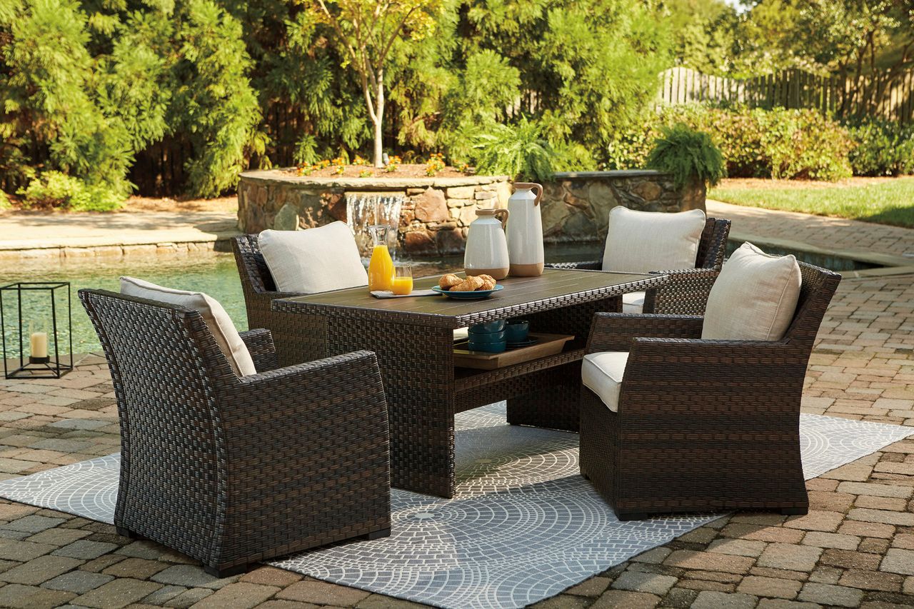 Easy Isle Dark Brown And Beige Outdoor Rectangular Dining Table P455625