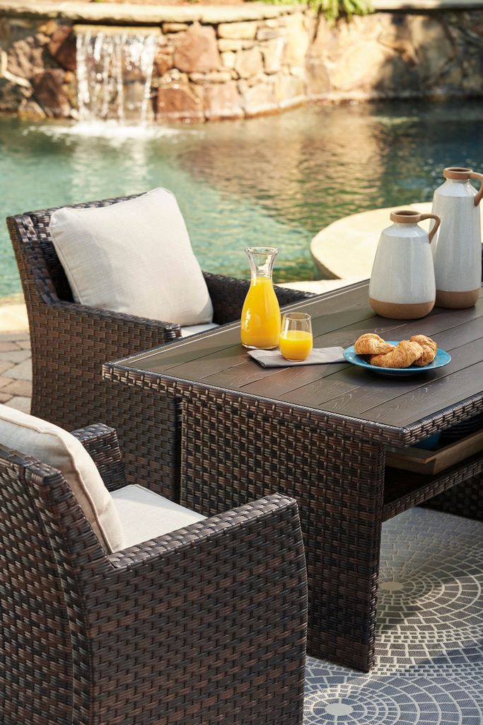 Easy Isle Dark Brown And Beige Outdoor Rectangular Dining Table P455625