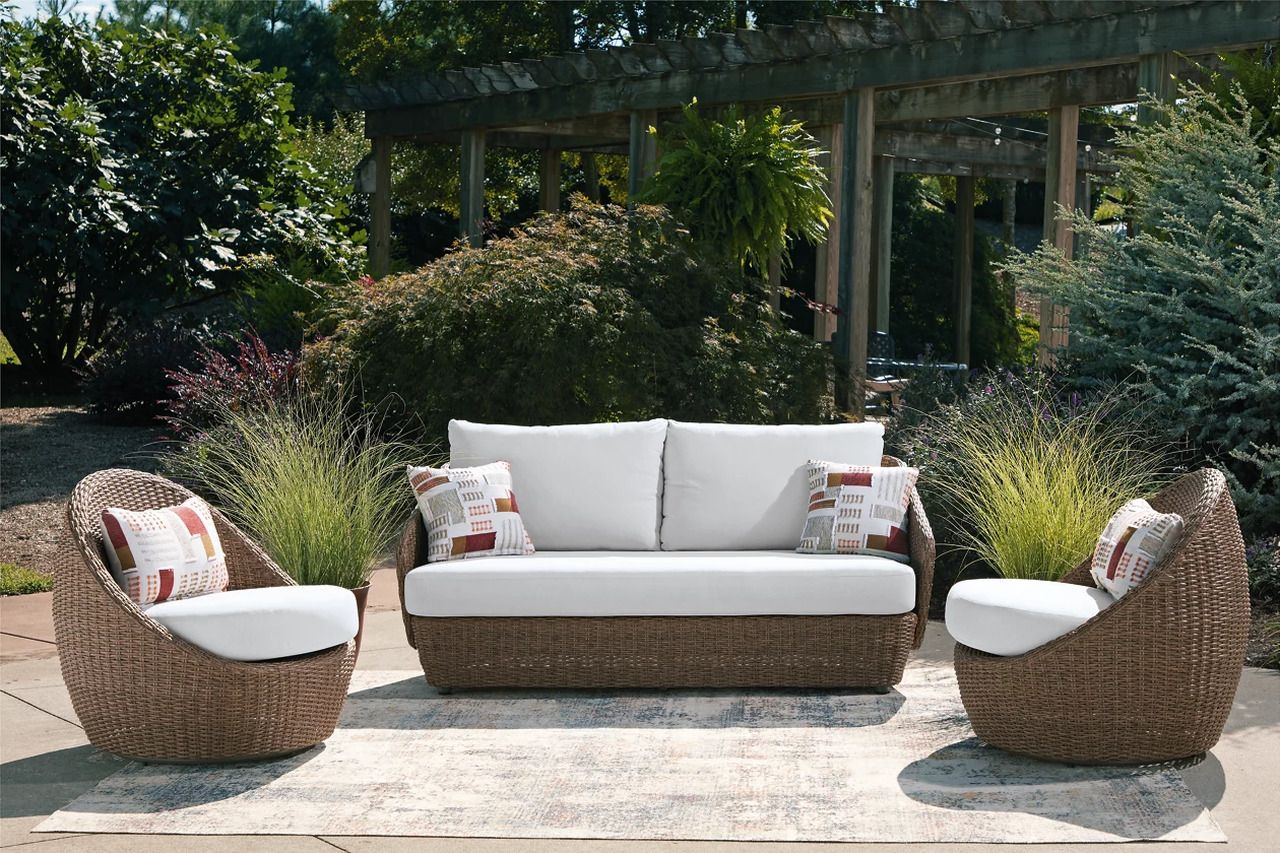 Cardiff Beach Outdoor Loveseat/2 Swivel Chairs Set of 3 In Beige P503070
