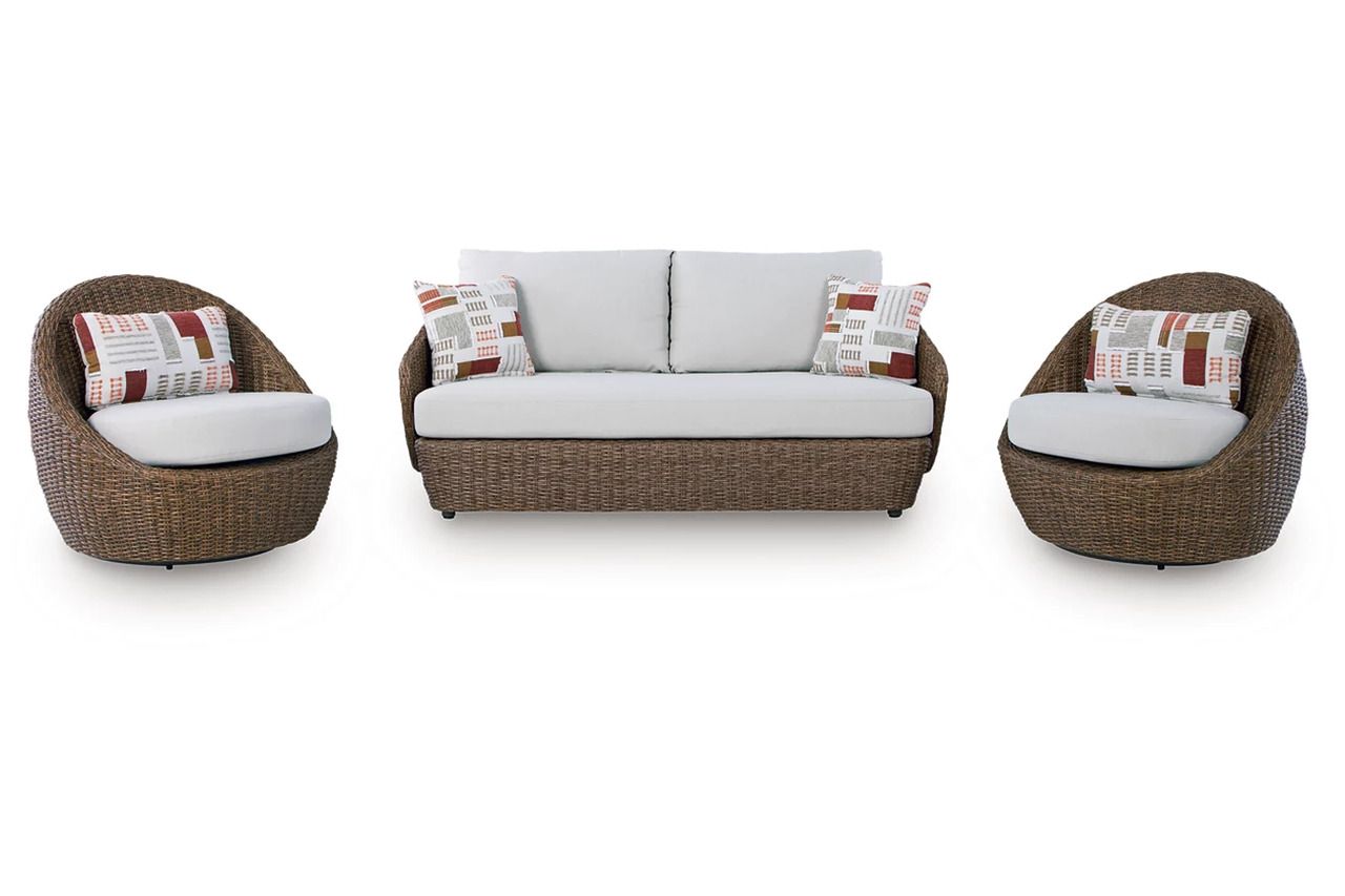 Cardiff Beach Outdoor Loveseat/2 Swivel Chairs Set of 3 In Beige P503070