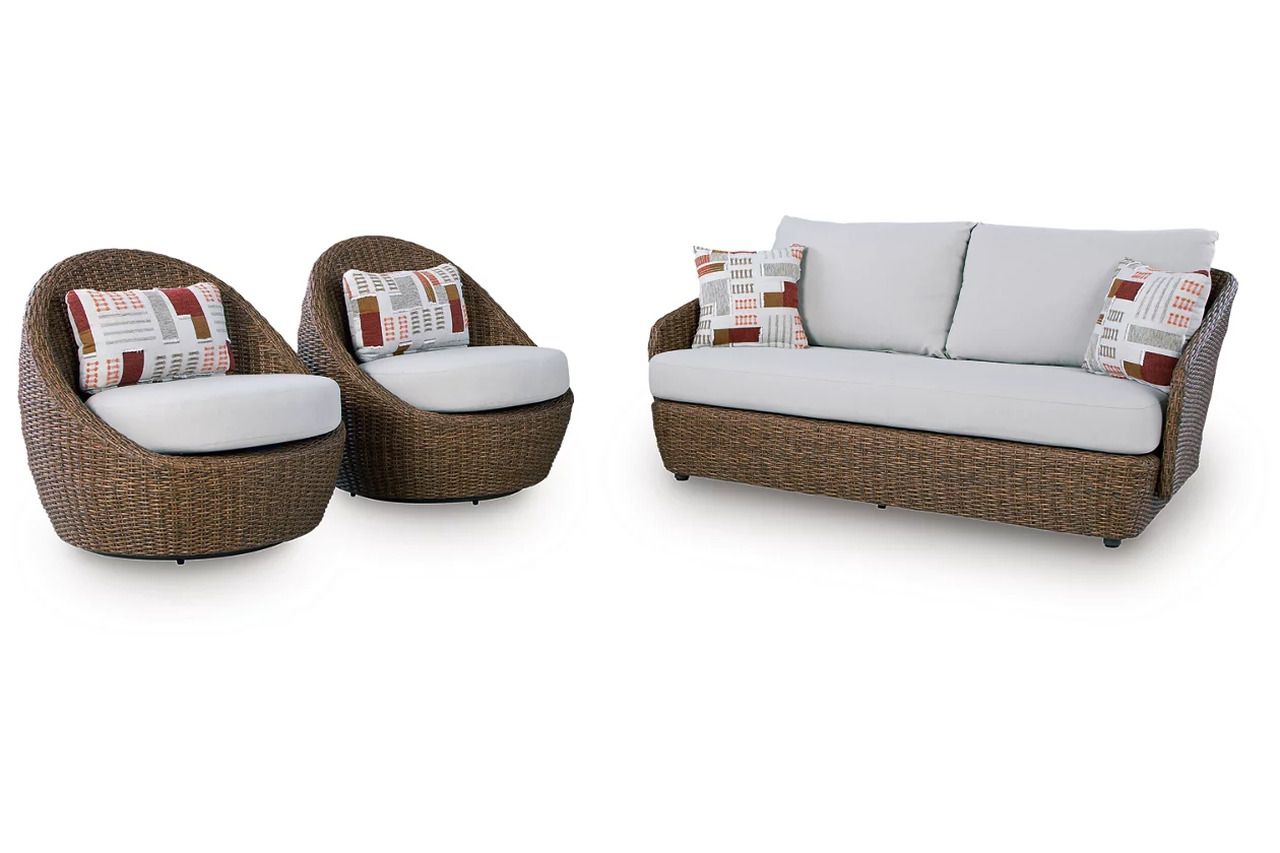 Cardiff Beach Outdoor Loveseat/2 Swivel Chairs Set of 3 In Beige P503070