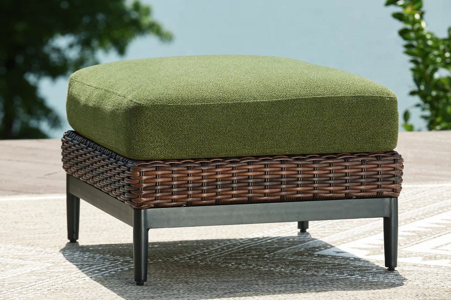 Horizon Hall Outdoor Ottoman with Cushion In Brown and Green P572814