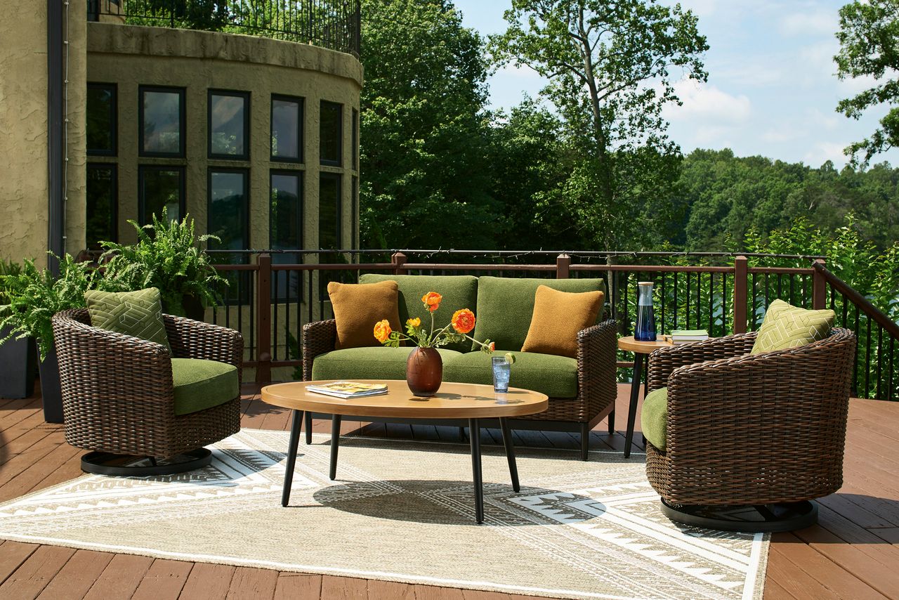 Horizon Hall Outdoor Loveseat with Cushion In Brown and Green P572835