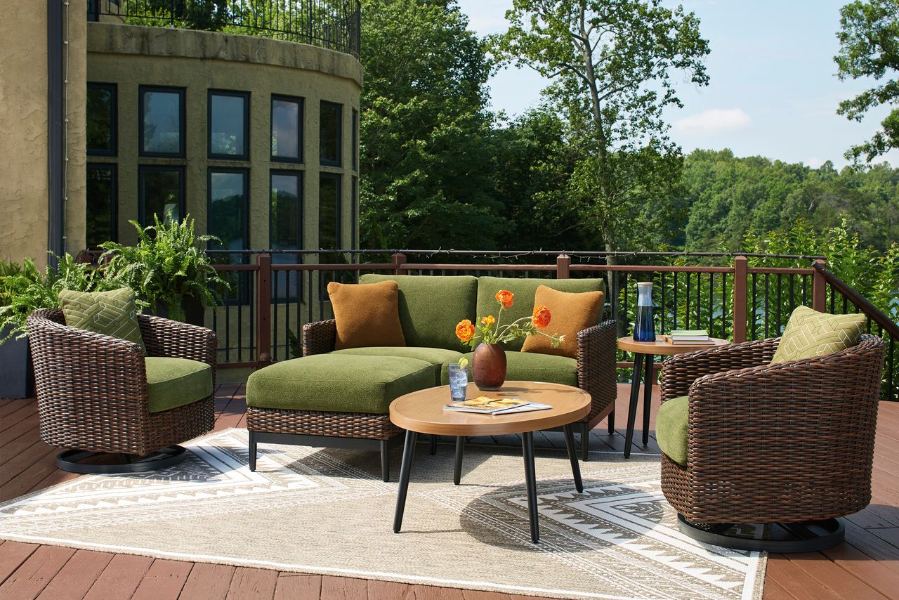 Horizon Hall Outdoor Loveseat with Cushion In Brown and Green P572835