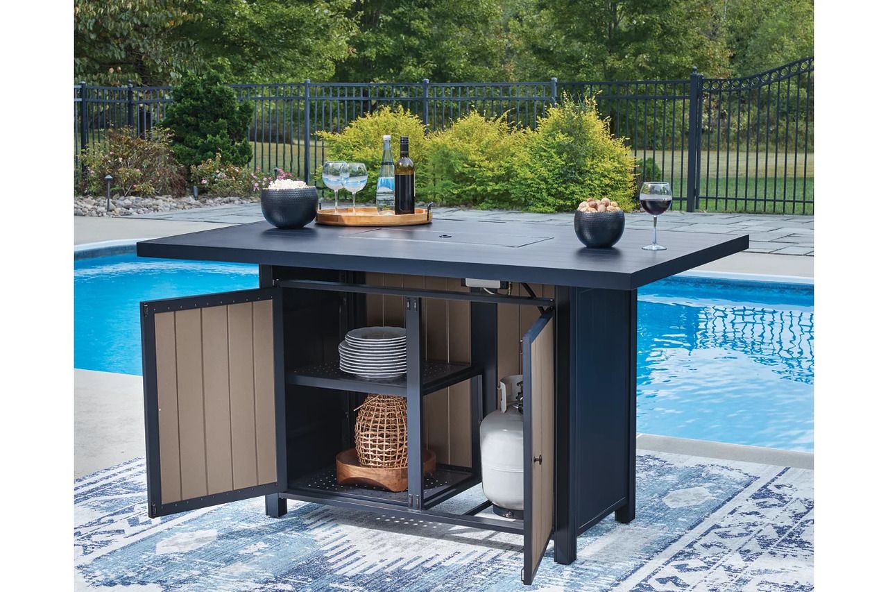 Mabry Shores Outdoor Bar Table with Fire Pit In Blue P587665