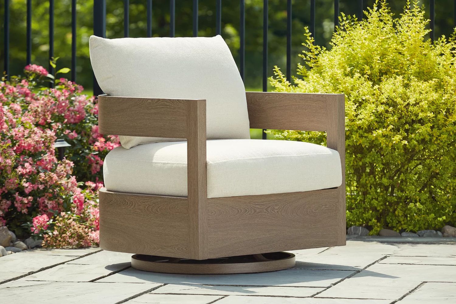 Serene Bay Outdoor Swivel Glider Chair with Cushion In White and Dark Brown P671821