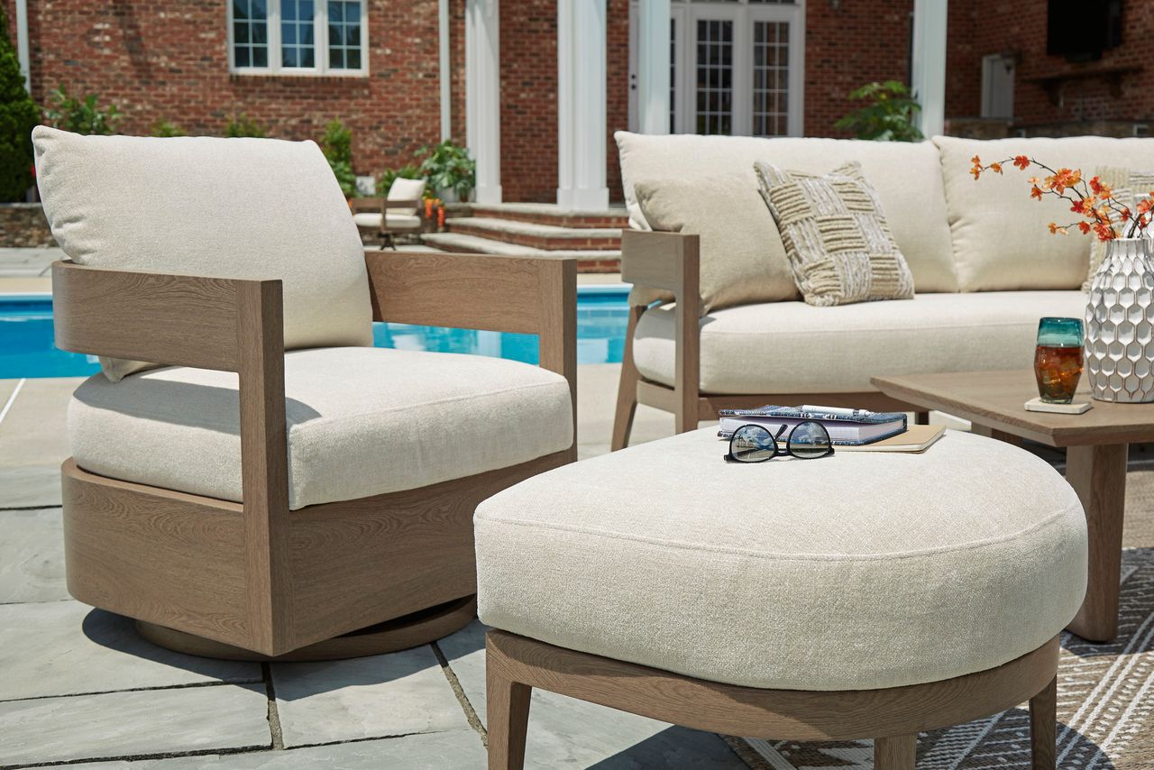 Serene Bay Outdoor Swivel Glider Chair with Cushion In White and Dark Brown P671821