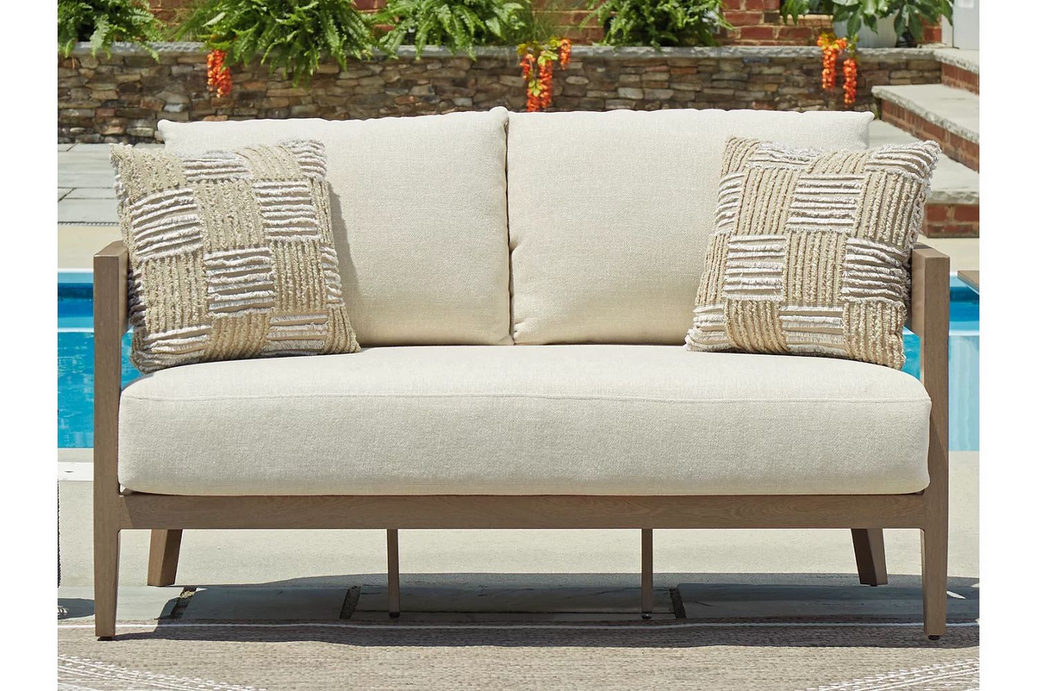 Serene Bay Outdoor Loveseat with Cushion In White and Dark Brown P671835