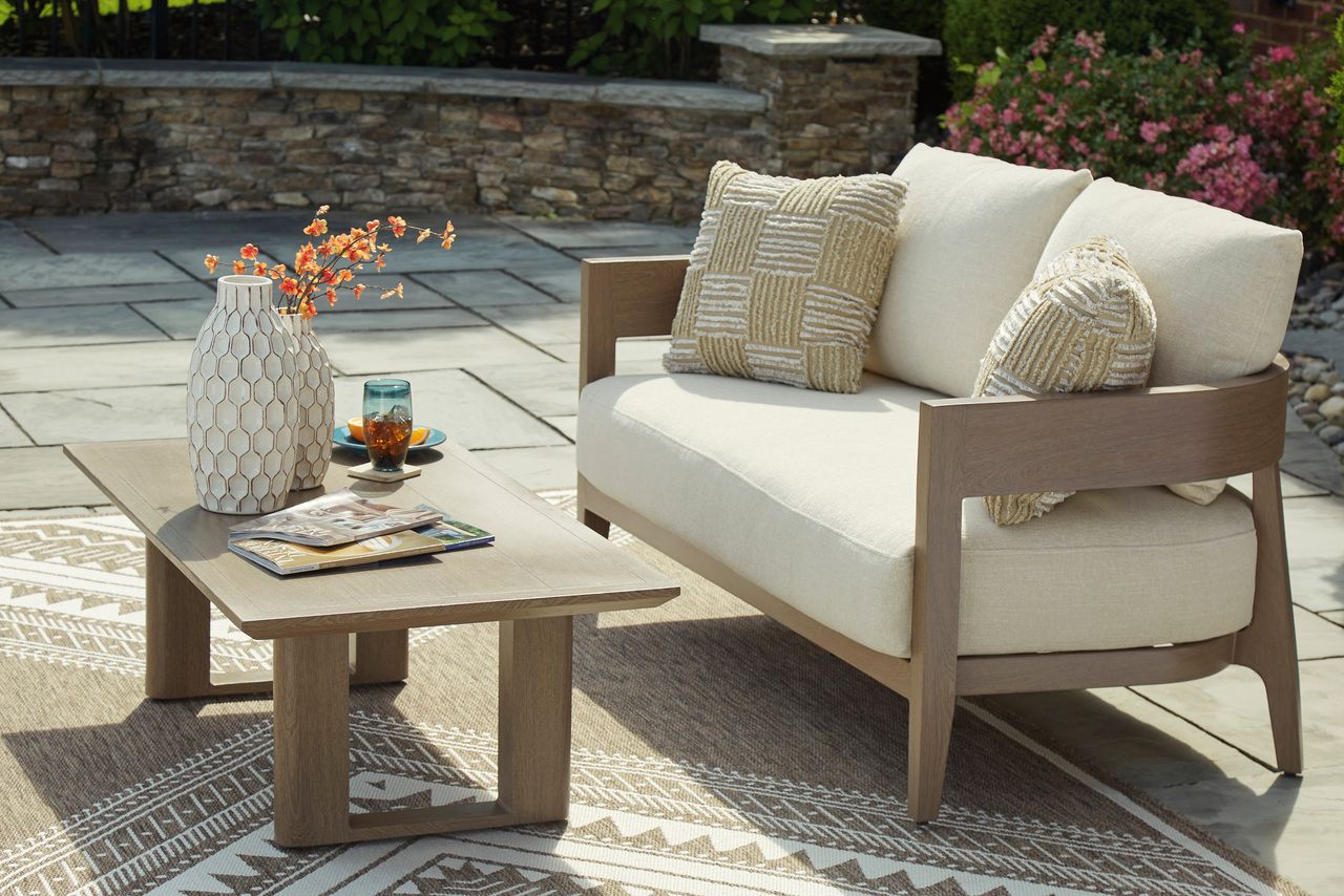 Serene Bay Outdoor Loveseat with Cushion In White and Dark Brown P671835