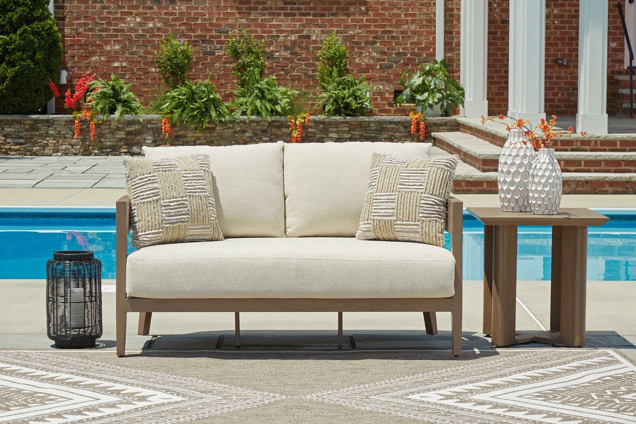Serene Bay Outdoor Loveseat with Cushion In White and Dark Brown P671835