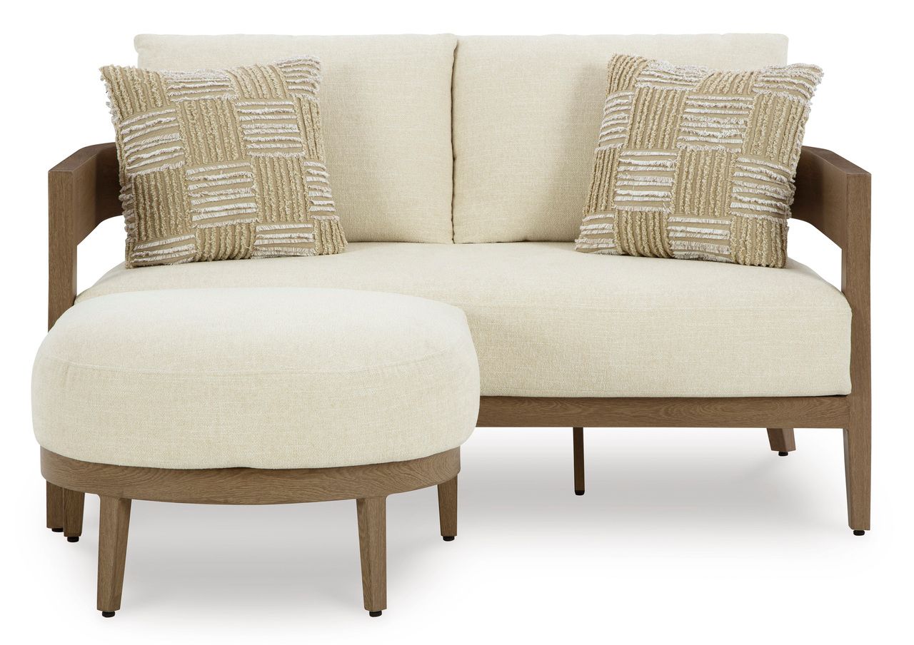 Serene Bay Outdoor Loveseat with Cushion In White and Dark Brown P671835