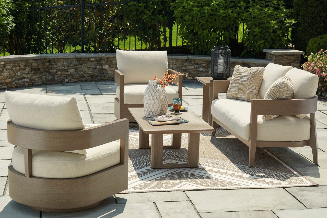 Serene Bay Outdoor Loveseat with Cushion In White and Dark Brown P671835