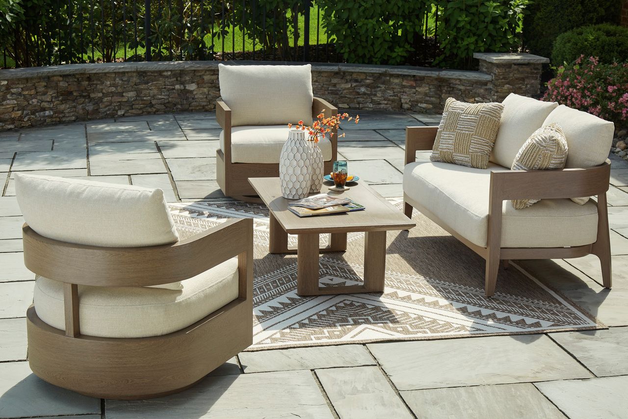 Serene Bay Outdoor Loveseat with Cushion In White and Dark Brown P671835