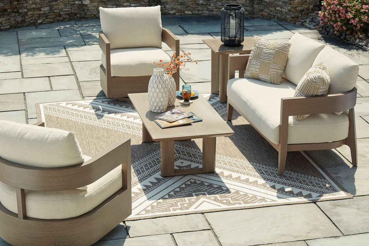 Serene Bay Outdoor Loveseat with Cushion In White and Dark Brown P671835