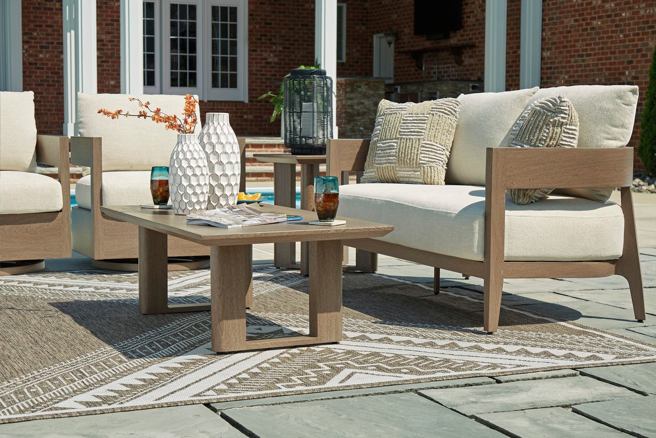 Serene Bay Outdoor Loveseat with Cushion In White and Dark Brown P671835