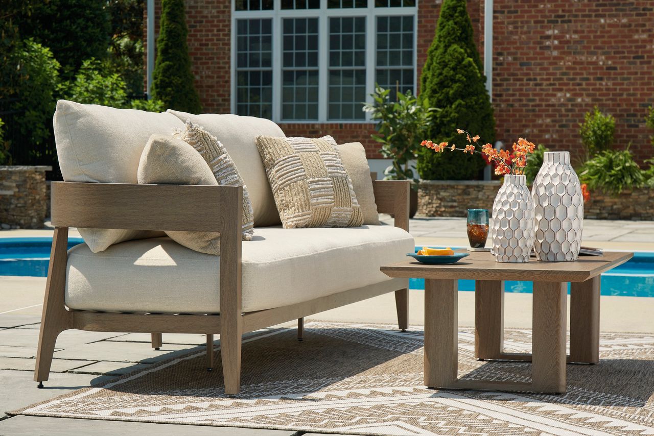 Serene Bay Outdoor Sofa with Cushion In White and Dark Brown P671838