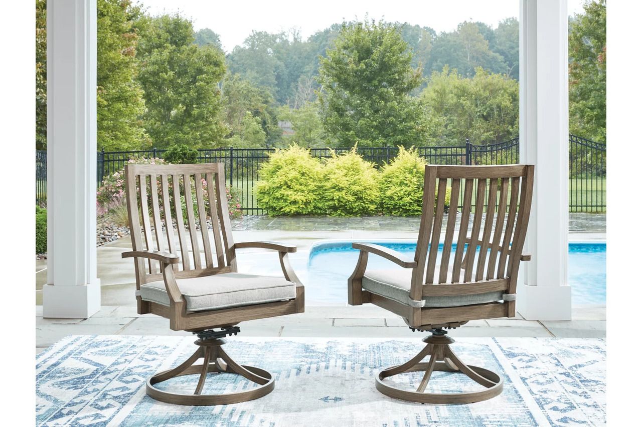 Rainier Ranch Outdoor Swivel Chair with Cushion Set of 2 In Brown and Beige P701602A