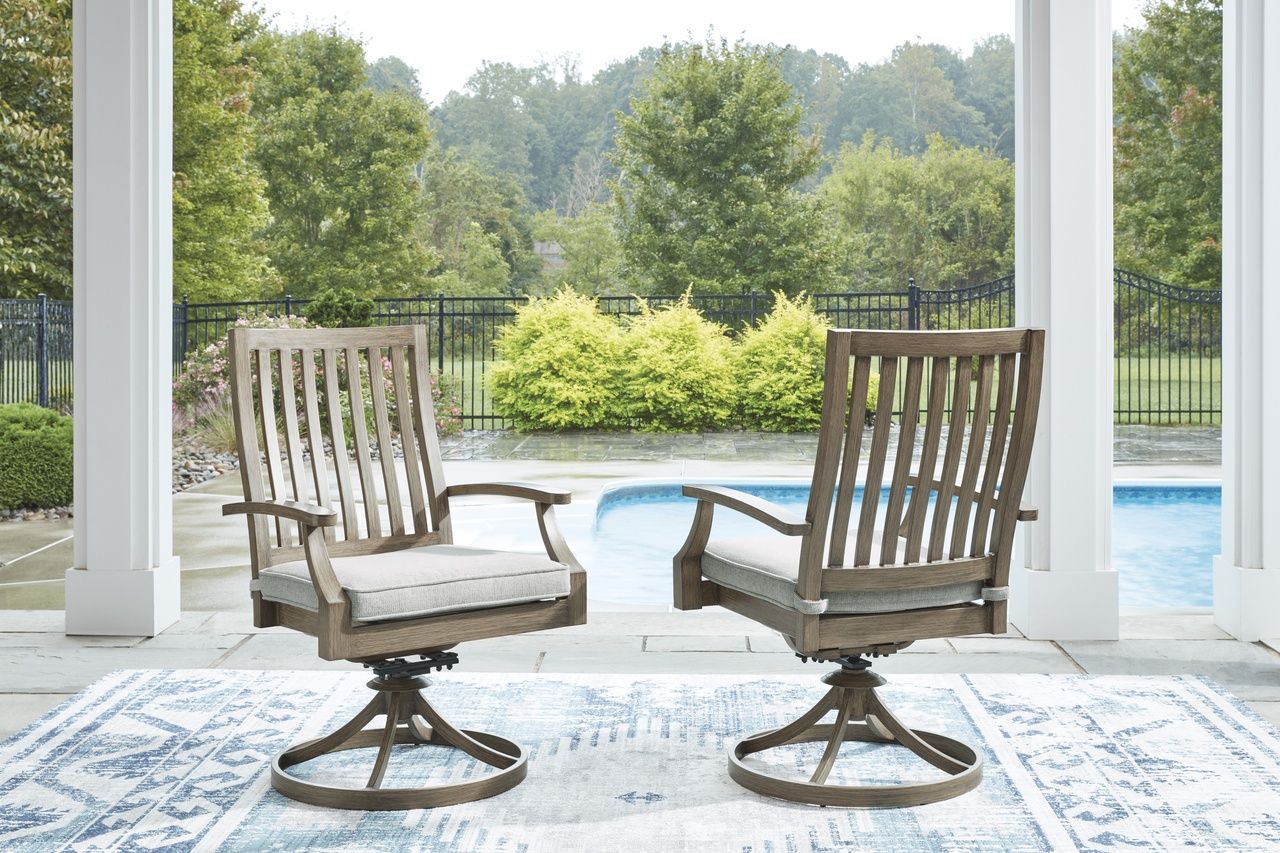 Rainier Ranch Outdoor Swivel Chair with Cushion Set of 2 In Brown and Beige P701602A
