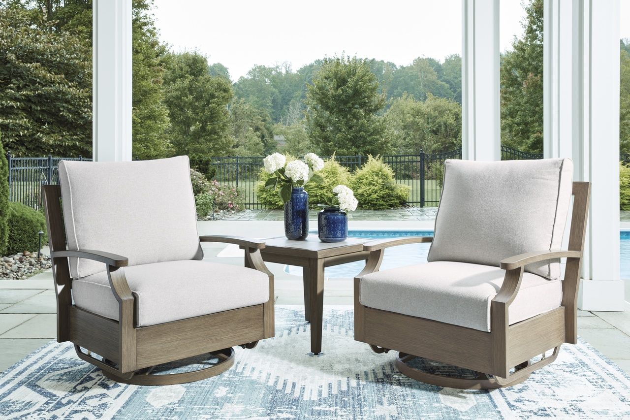 Rainier Ranch Outdoor Swivel Glider Chair with Cushion In Brown and Beige P701821