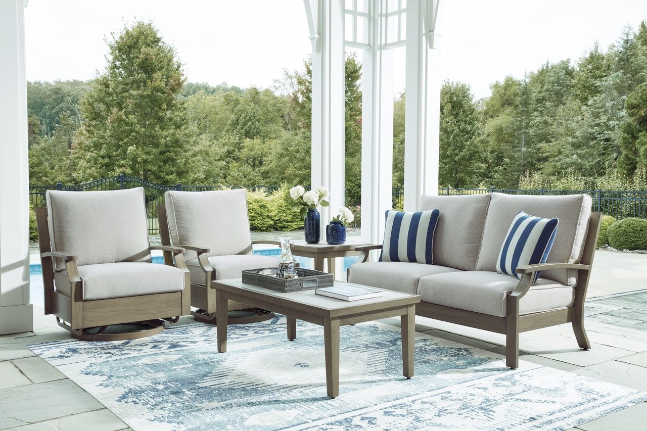 Rainier Ranch Outdoor Swivel Glider Chair with Cushion In Brown and Beige P701821
