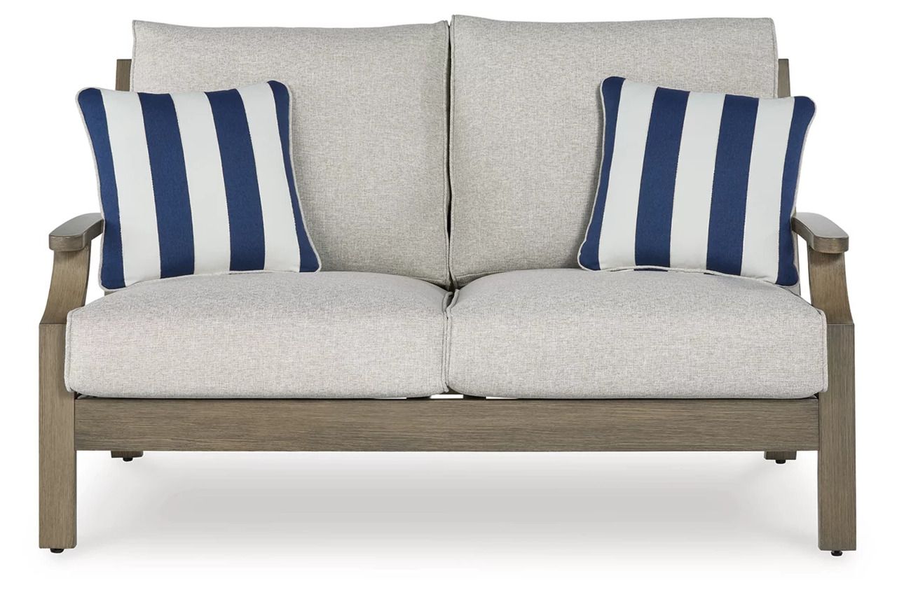 Rainier Ranch Outdoor Loveseat with Cushion In Brown and Beige P701835
