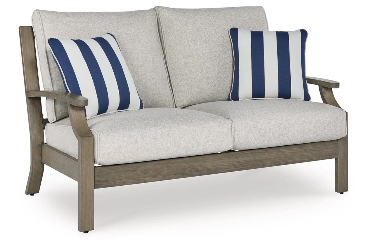 Rainier Ranch Outdoor Loveseat with Cushion In Brown and Beige P701835