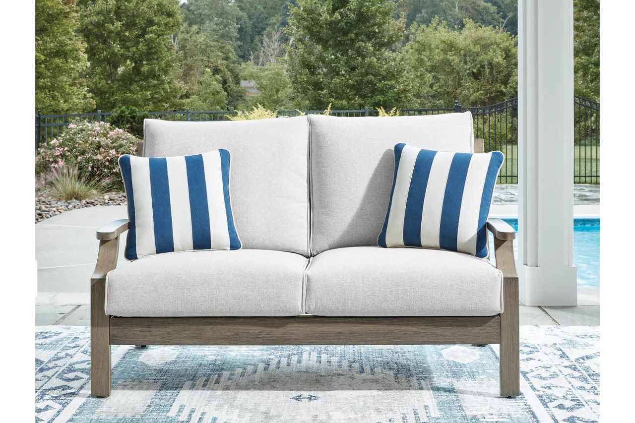 Rainier Ranch Outdoor Loveseat with Cushion In Brown and Beige P701835