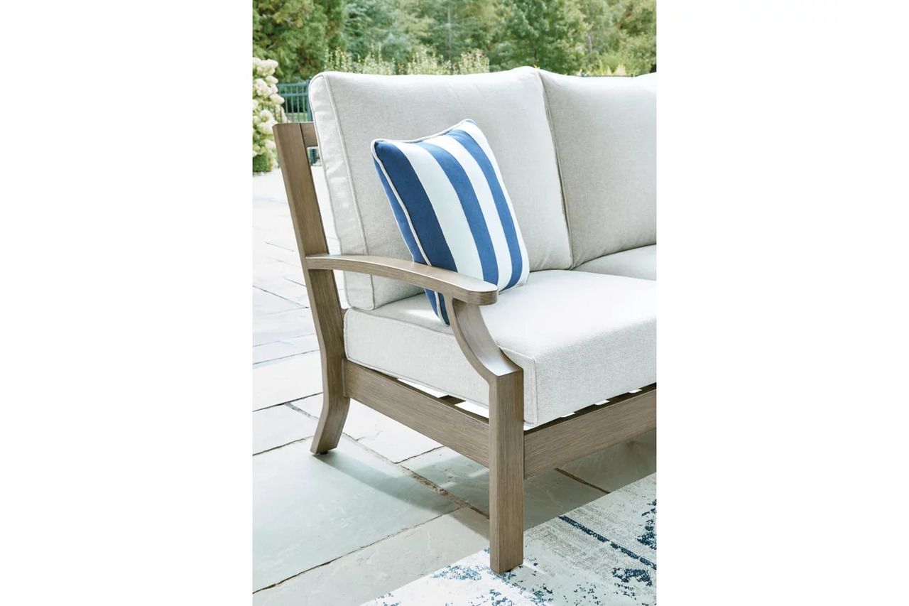Rainier Ranch Outdoor Loveseat with Cushion In Brown and Beige P701835
