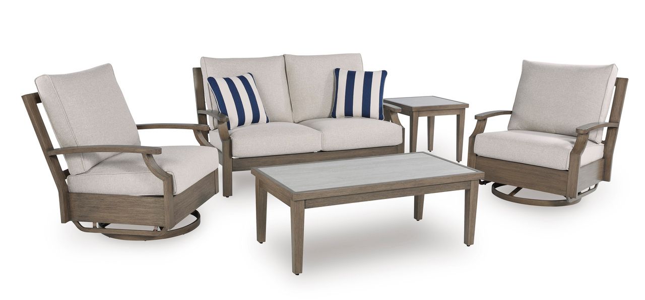 Rainier Ranch Outdoor Loveseat with Cushion In Brown and Beige P701835